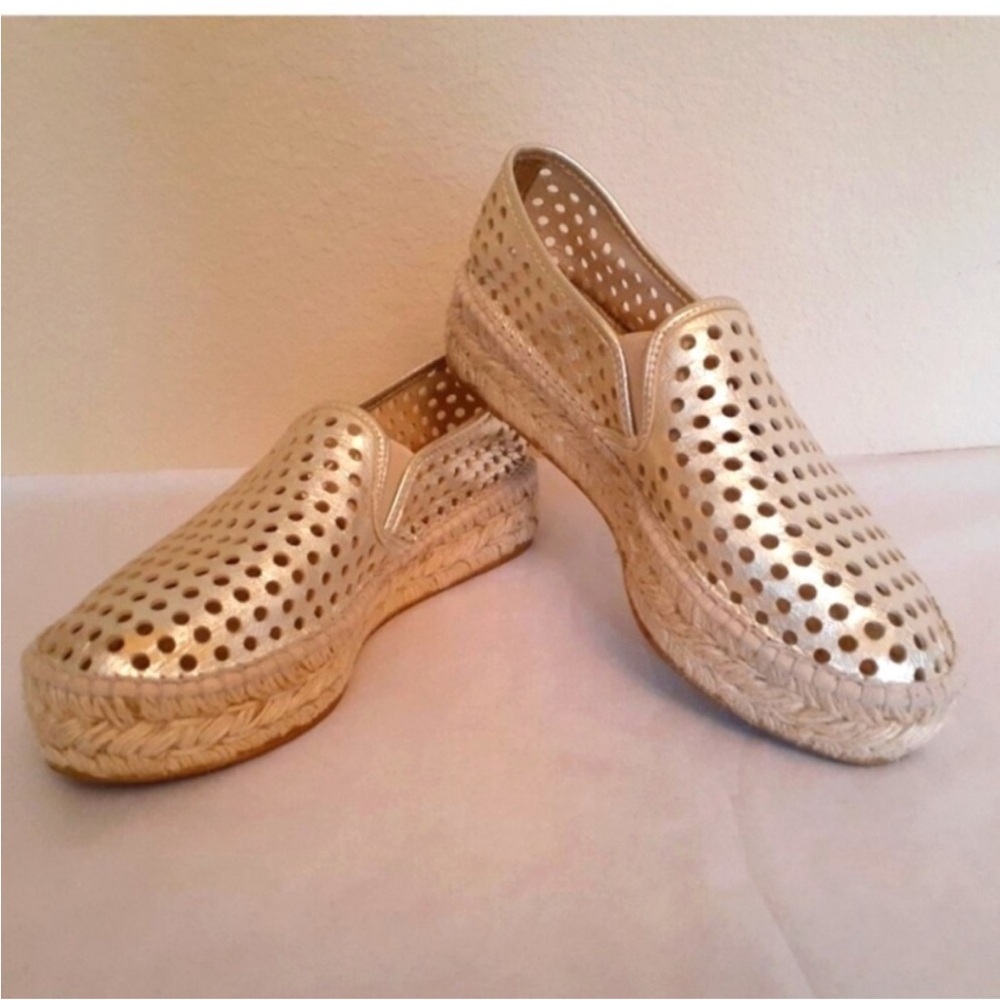 Loeffler Randall Rowan Gold Perforated Leather Espadrille Slip-Ons Size 37 - Picture 3 of 10